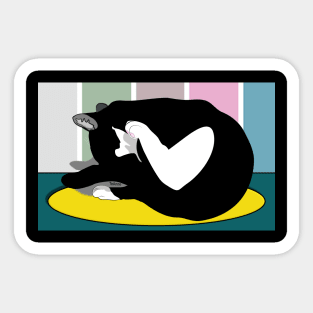 Cat self clean. Cute Tuxedo Cat on Black copyright TeAnne Sticker